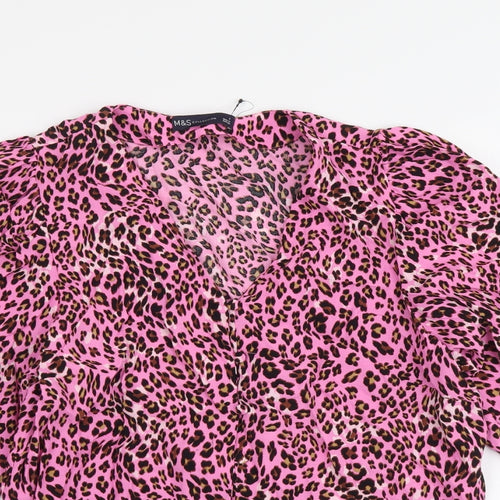 Marks and Spencer Womens Pink Animal Print Polyester Basic Button-Up Size 8 V-Neck - Leopard pattern