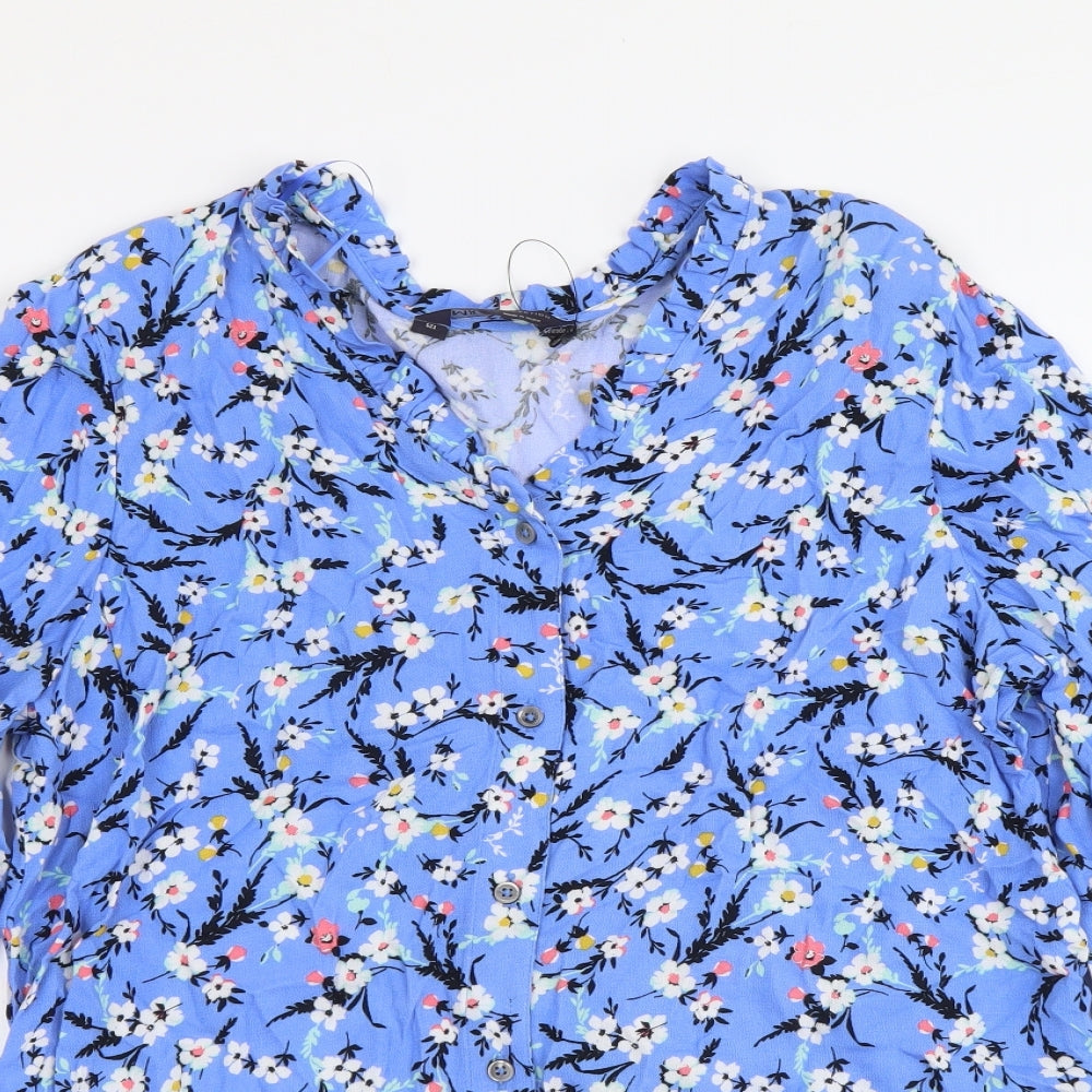 Marks and Spencer Womens Blue Floral Viscose Basic Blouse Size 10 V-Neck