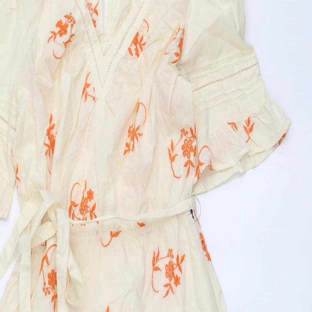 Marks and Spencer Womens Beige Floral Cotton A-Line Size 10 V-Neck Pullover