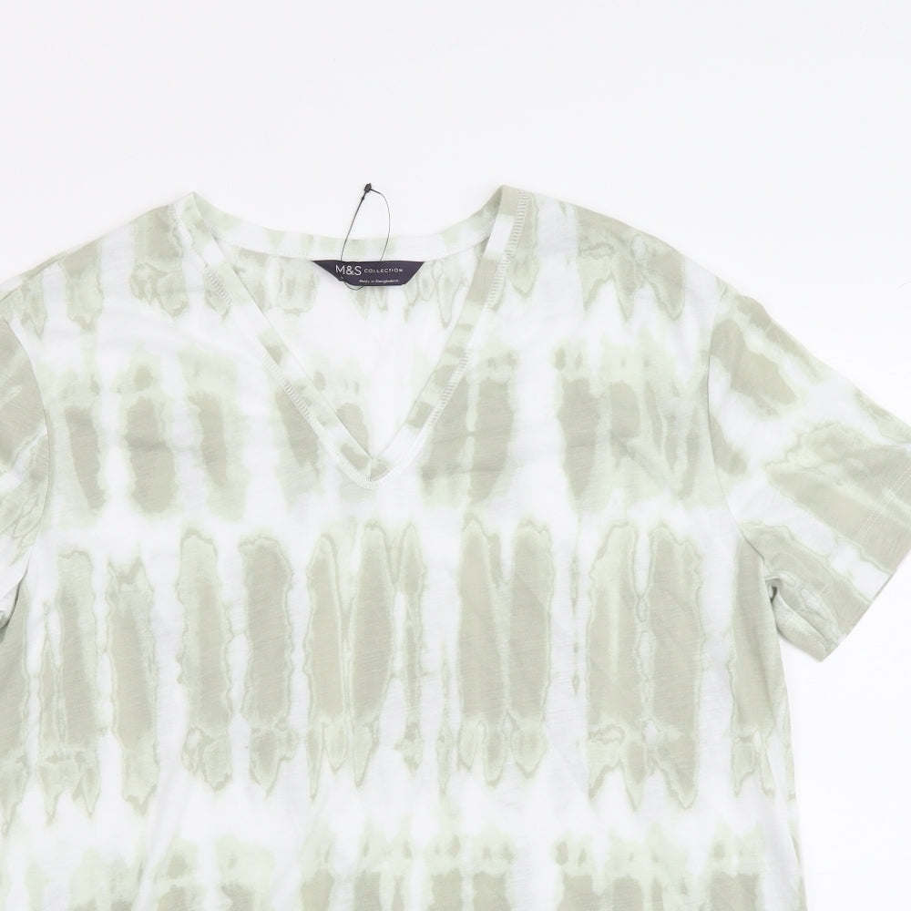 Marks and Spencer Womens Green Geometric Polyester Basic T-Shirt Size 8 V-Neck - Tie-Dye