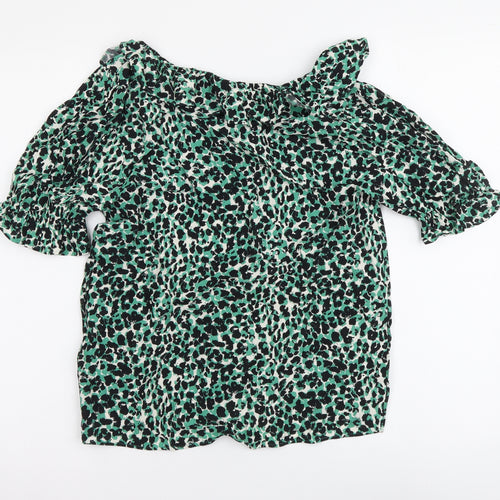 Marks and Spencer Womens Green Animal Print Viscose Basic Blouse Size 8 V-Neck