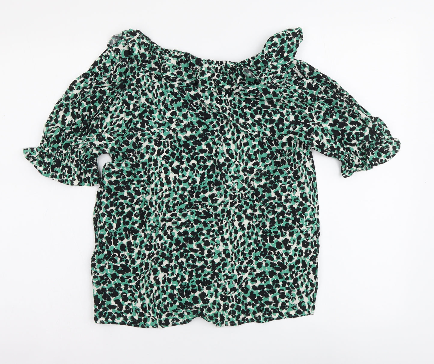 Marks and Spencer Womens Green Animal Print Viscose Basic Blouse Size 8 V-Neck