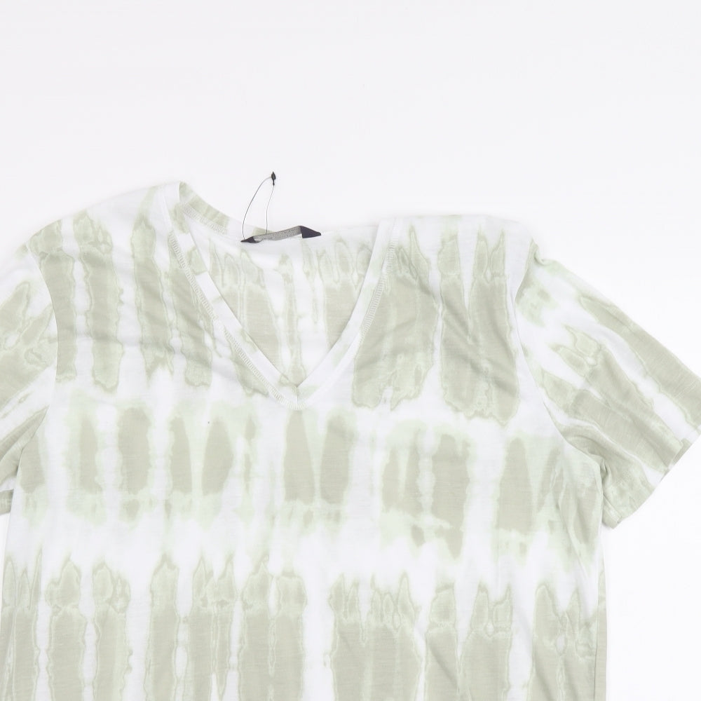 Marks and Spencer Womens Green Geometric Polyester Basic T-Shirt Size 10 V-Neck