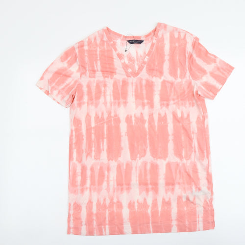 Marks and Spencer Womens Pink Geometric Polyester Basic T-Shirt Size 8 V-Neck - Tie Dye