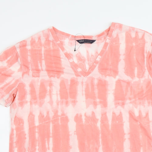 Marks and Spencer Womens Pink Geometric Polyester Basic T-Shirt Size 8 V-Neck - Tie Dye