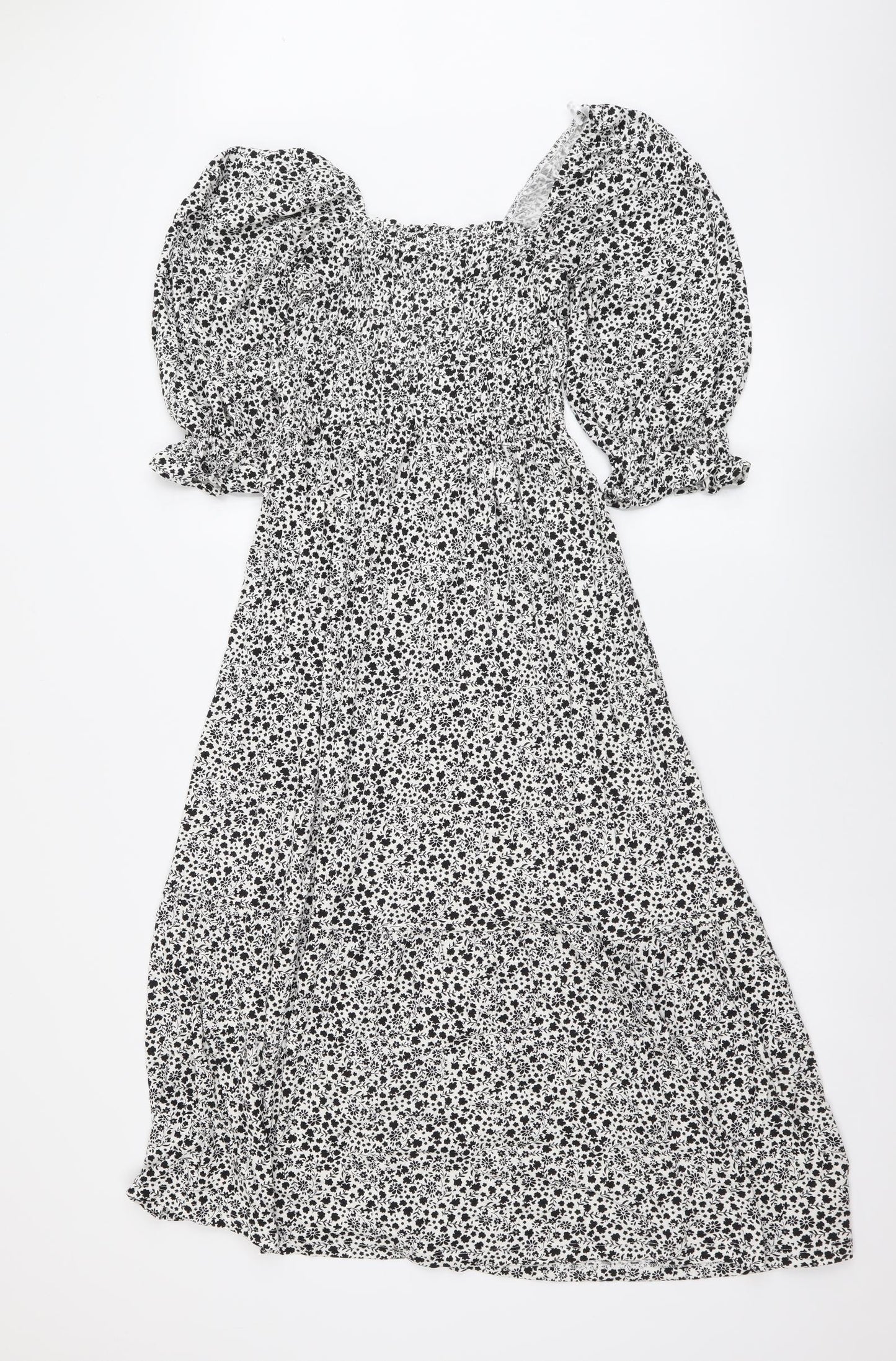 Marks and Spencer Womens Black Floral Viscose A-Line Size 8 Square Neck Pullover