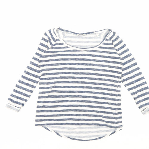 TU Womens Blue Striped Polyester Basic T-Shirt Size 8 Crew Neck