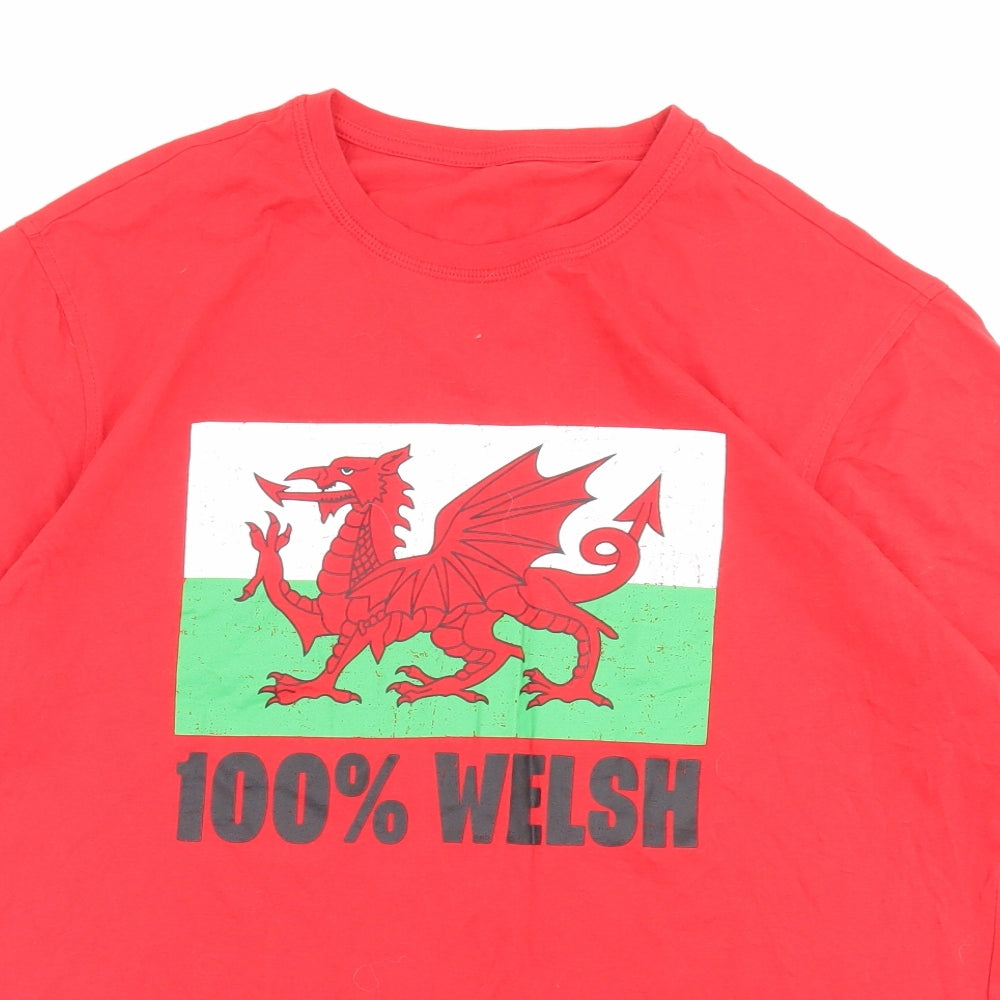 George Mens Red Cotton T-Shirt Size L Crew Neck - 100% Welsh