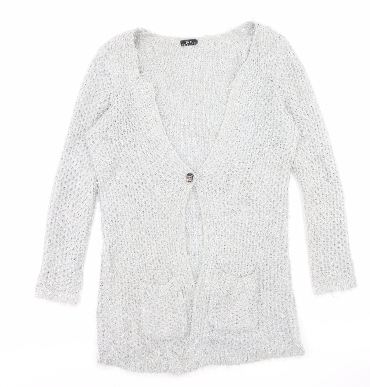 F&F Womens Grey V-Neck Acrylic Cardigan Jumper Size 12