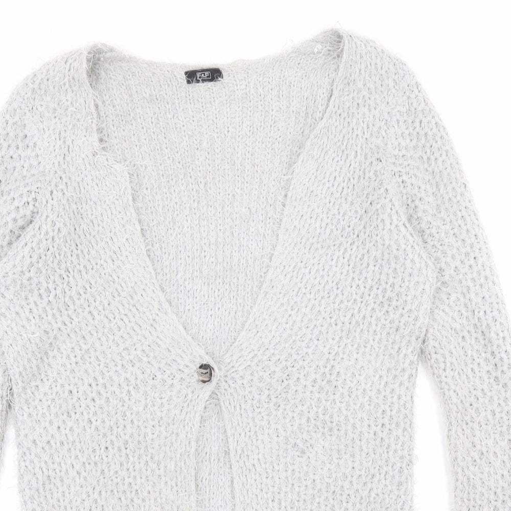 F&F Womens Grey V-Neck Acrylic Cardigan Jumper Size 12