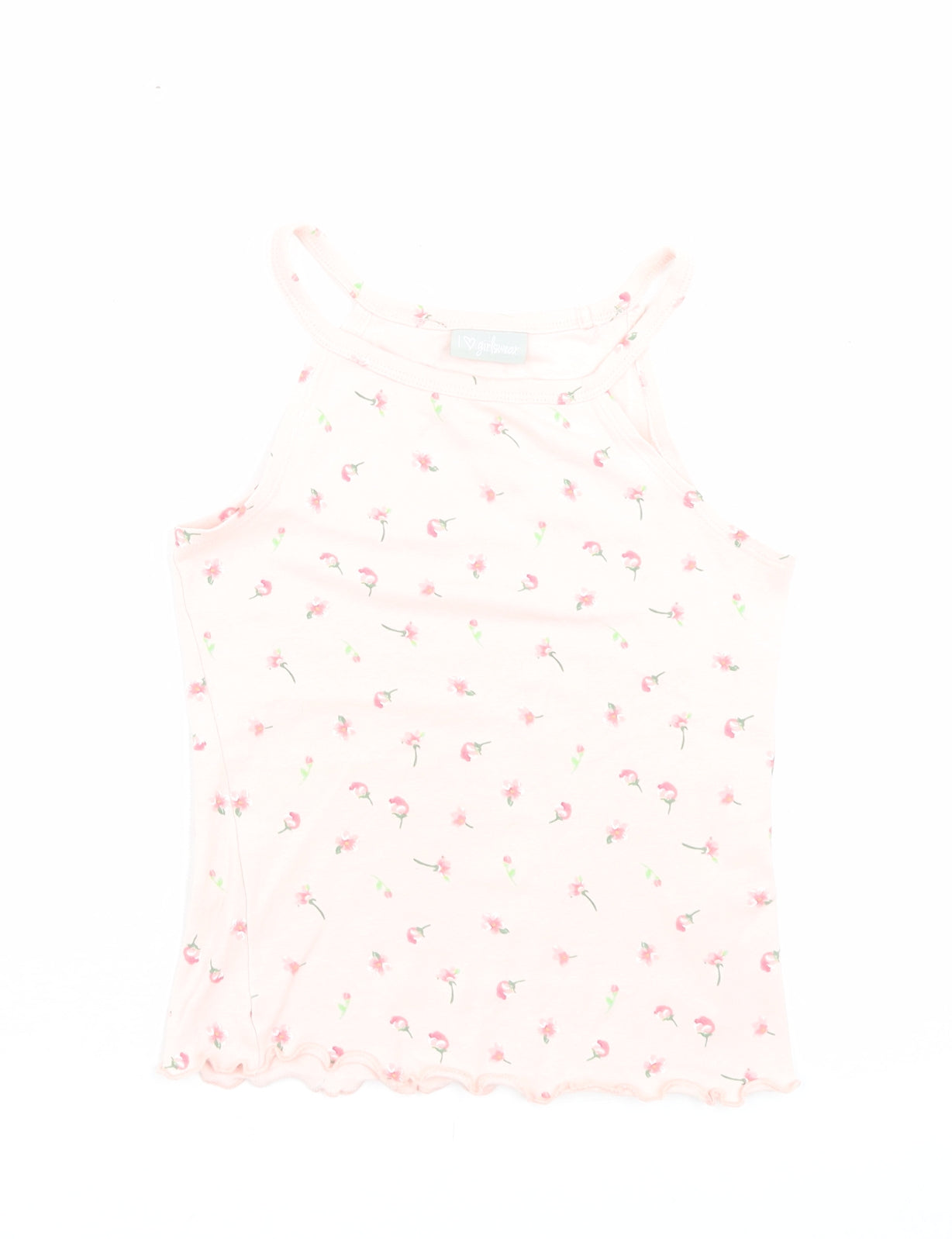 Matalan Girls Pink Floral Cotton Basic Tank Size 9 Years Halter Pullover - Lettuce Edging