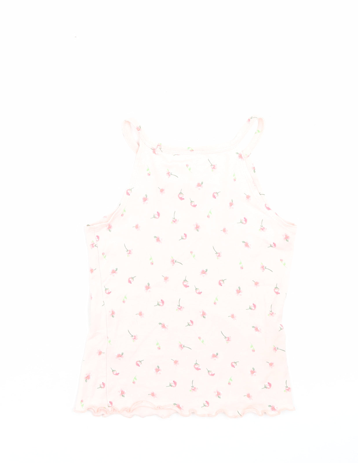 Matalan Girls Pink Floral Cotton Basic Tank Size 9 Years Halter Pullover - Lettuce Edging