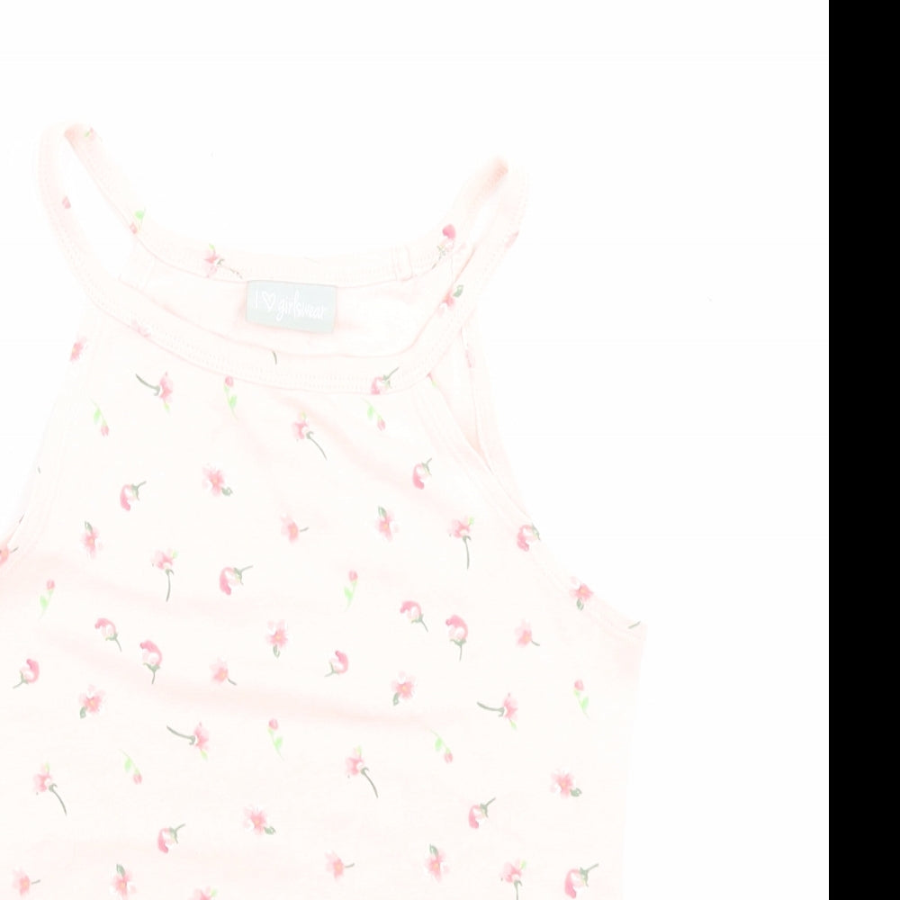 Matalan Girls Pink Floral Cotton Basic Tank Size 9 Years Halter Pullover - Lettuce Edging