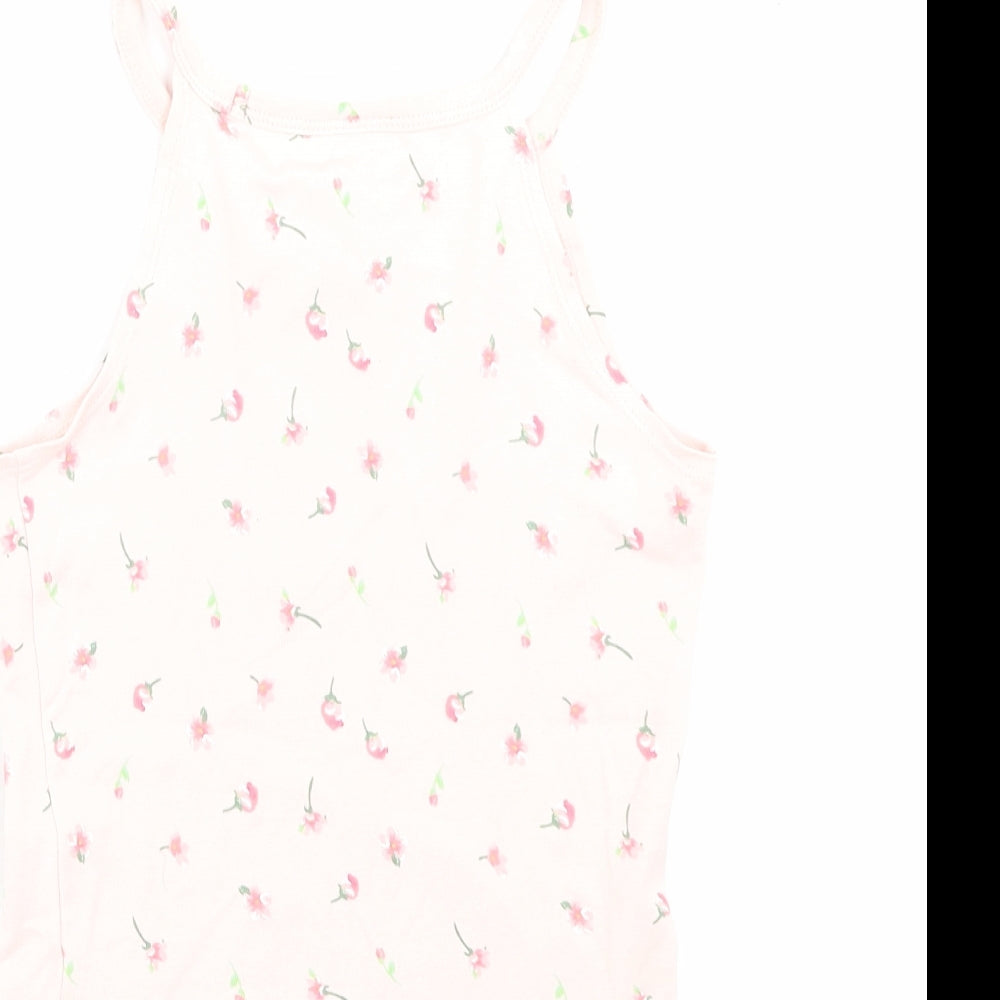 Matalan Girls Pink Floral Cotton Basic Tank Size 9 Years Halter Pullover - Lettuce Edging