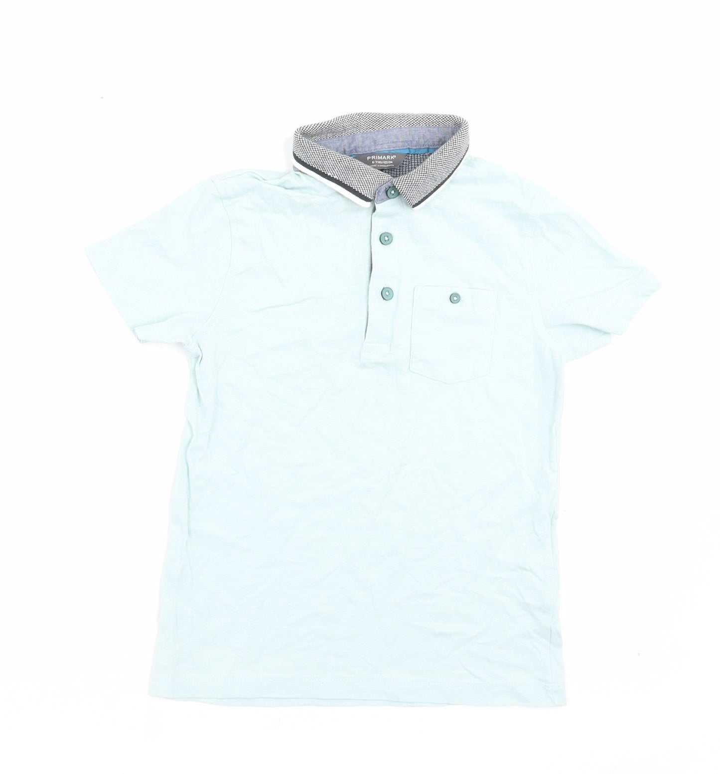 Primark Boys Green Cotton Basic Polo Size 6-7 Years Collared Button - Pocket Detail