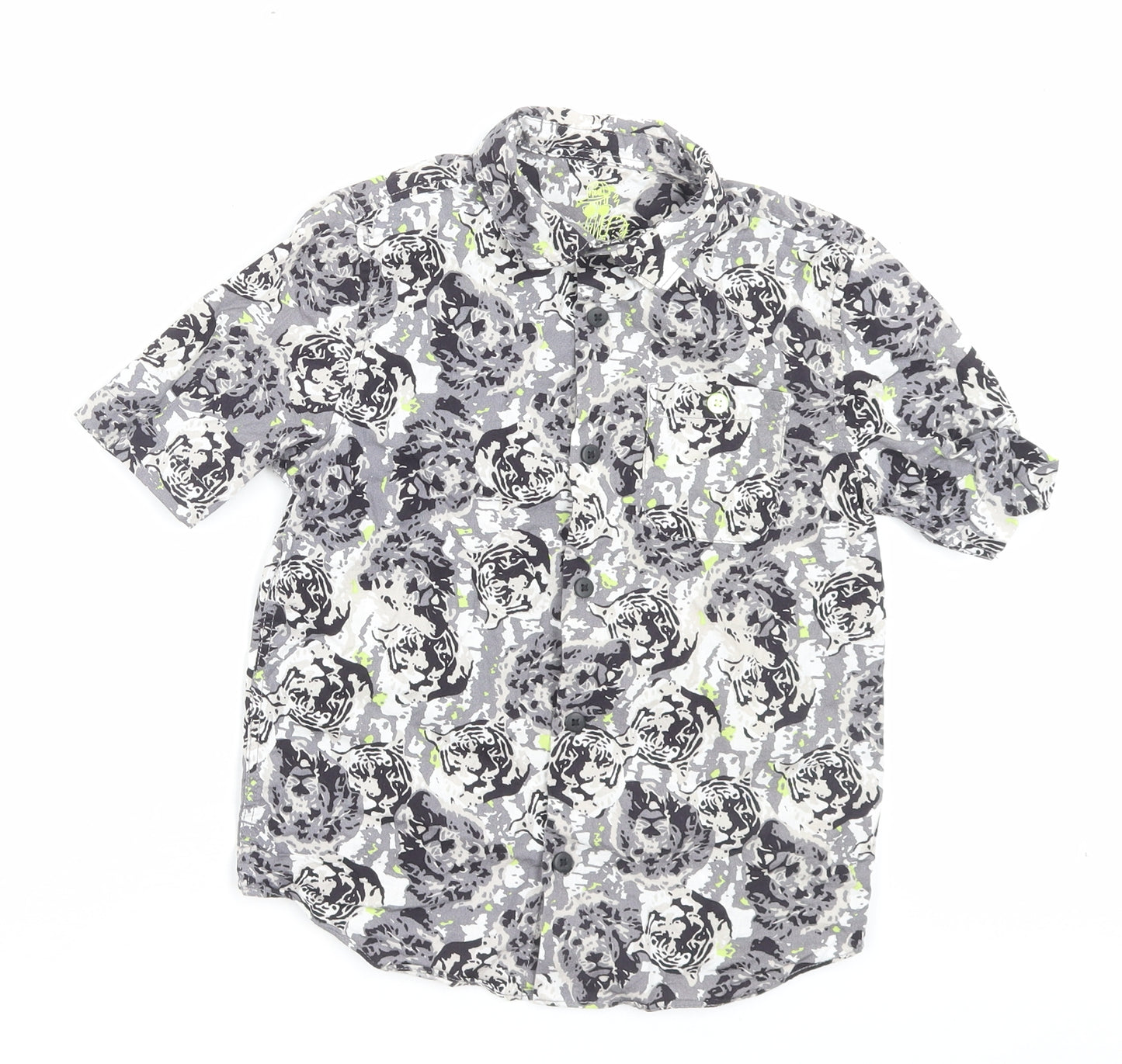 F&F Boys Grey Geometric Cotton Basic Button-Up Size 6-7 Years Collared Button - Pocket Detail