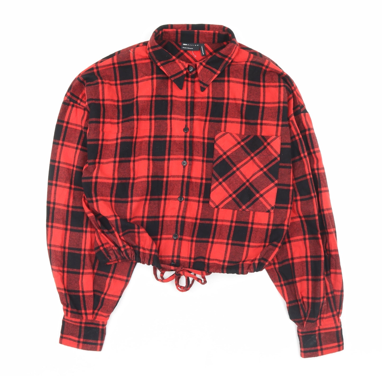 ASOS Womens Red Plaid Cotton Cropped Button-Up Size 10 Collared - Pocket Detail