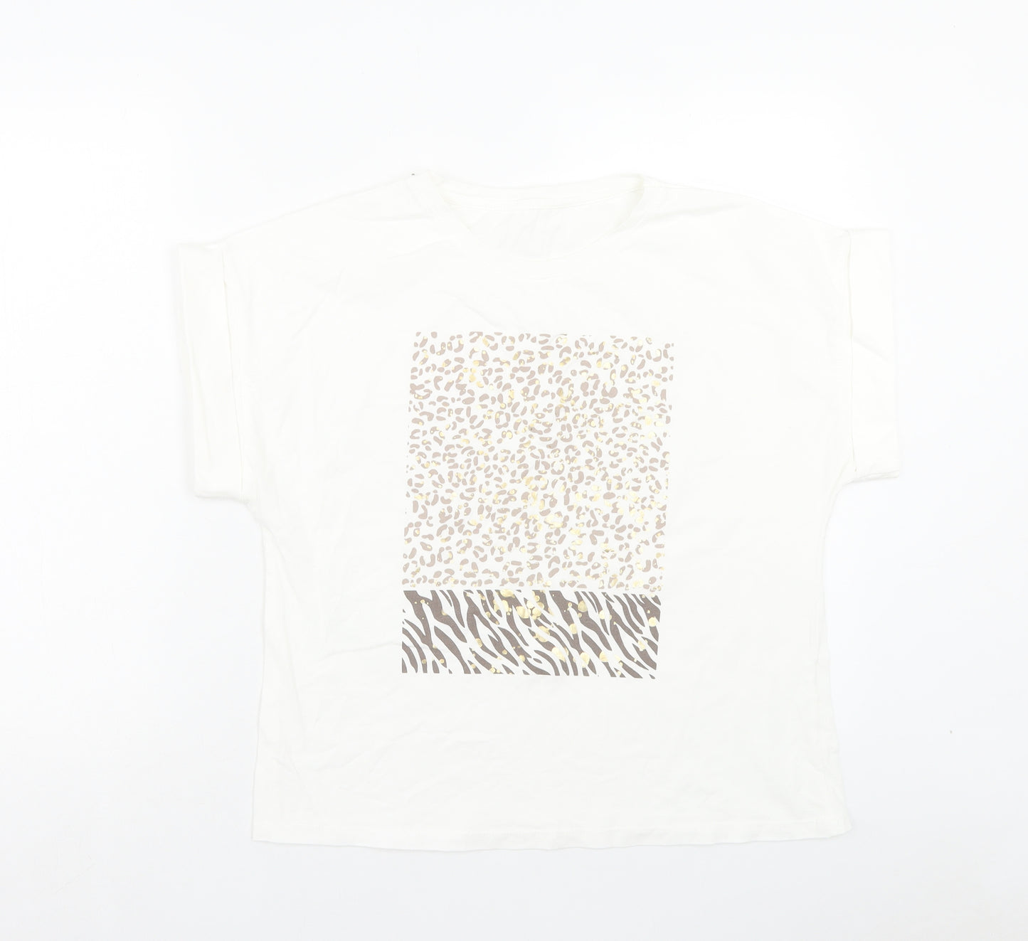Preworn Womens White Animal Print Cotton Basic T-Shirt One Size Crew Neck
