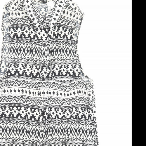 H&M Womens Black Geometric Viscose Basic Button-Up Size 12 Collared