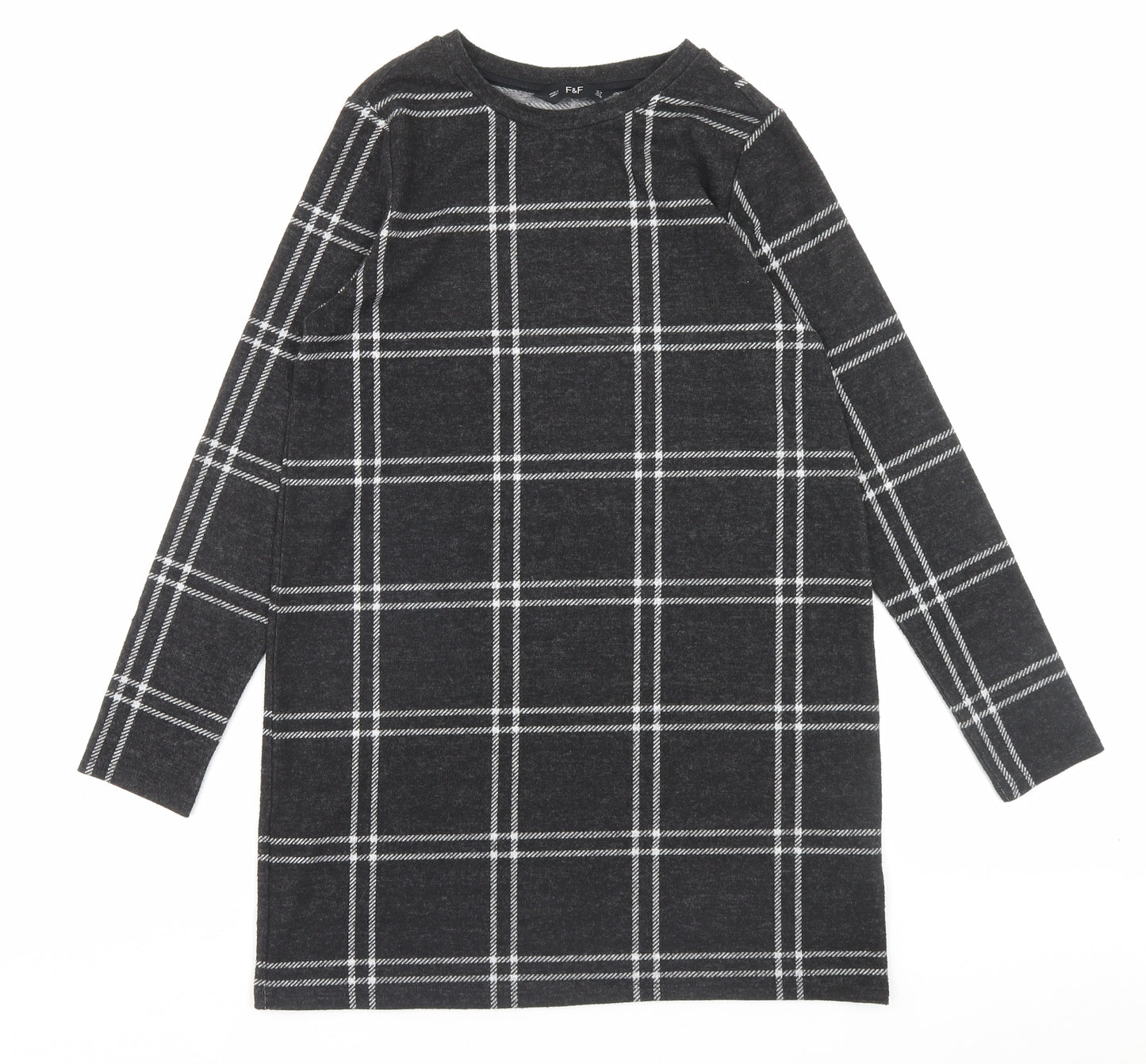 F&F Womens Grey Plaid Polyester A-Line Size 10 Crew Neck Pullover