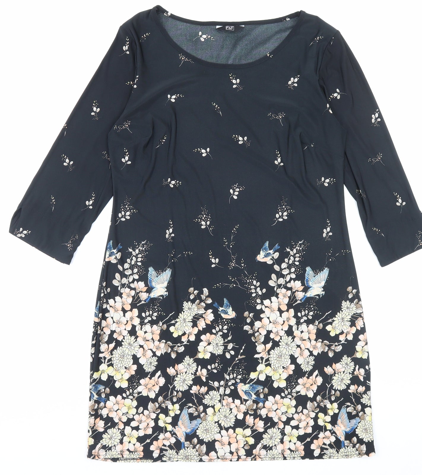 F&F Womens Black Floral Polyester A-Line Size 14 Boat Neck Pullover