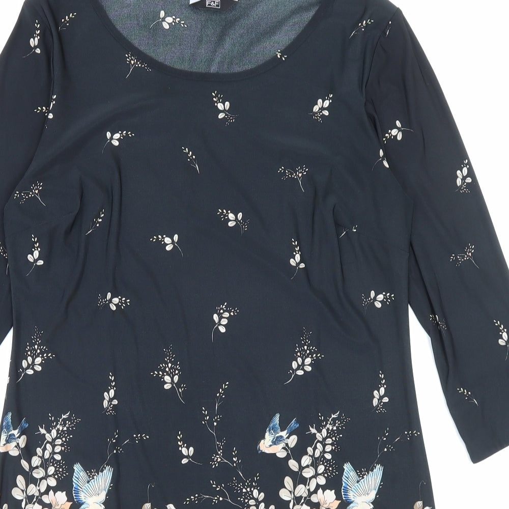 F&F Womens Black Floral Polyester A-Line Size 14 Boat Neck Pullover