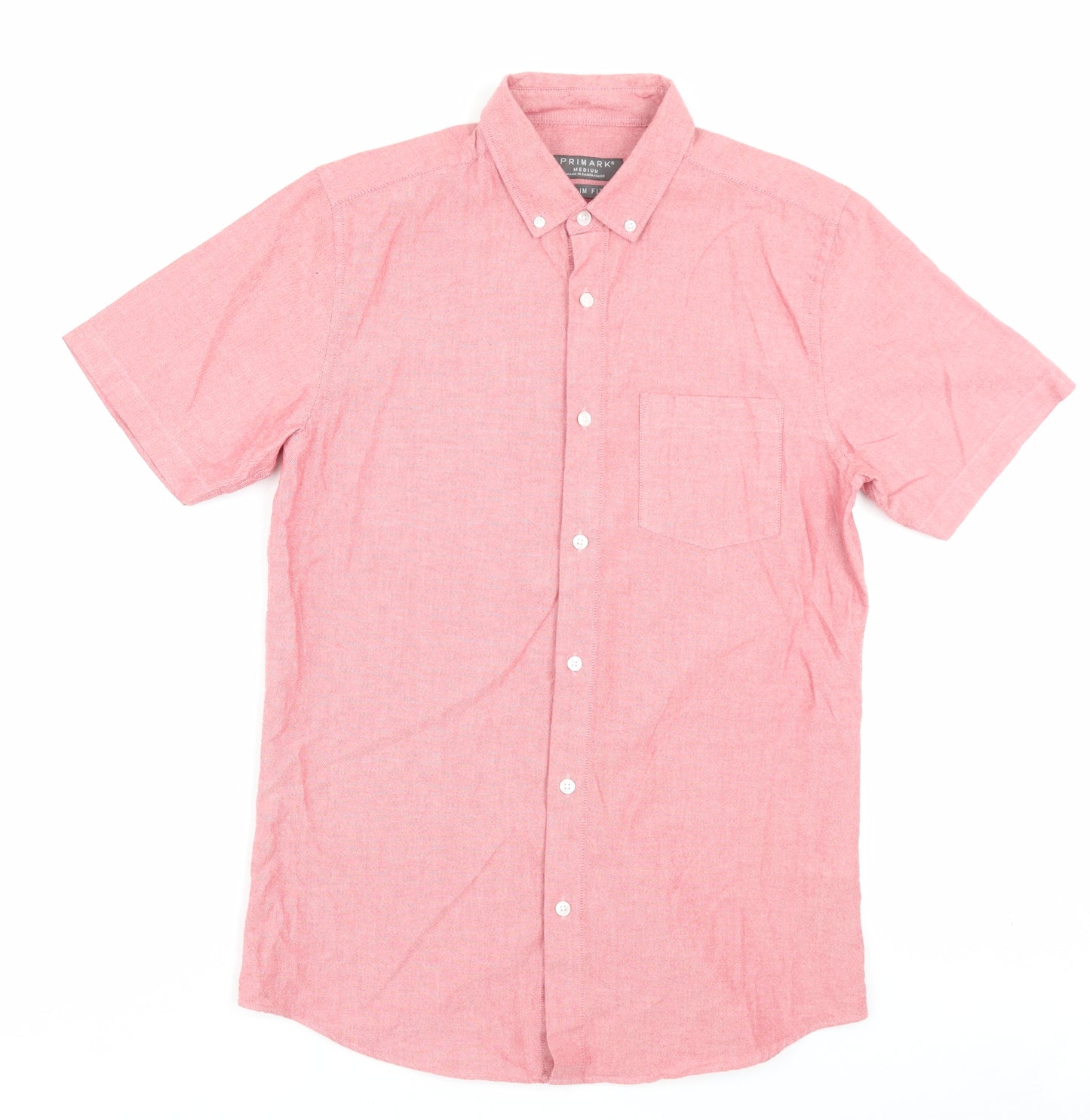 Priamrk Mens Red Cotton Button-Up Size M Collared Button - Pocket Detail