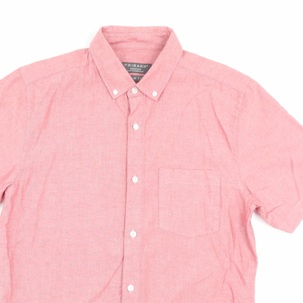 Priamrk Mens Red Cotton Button-Up Size M Collared Button - Pocket Detail