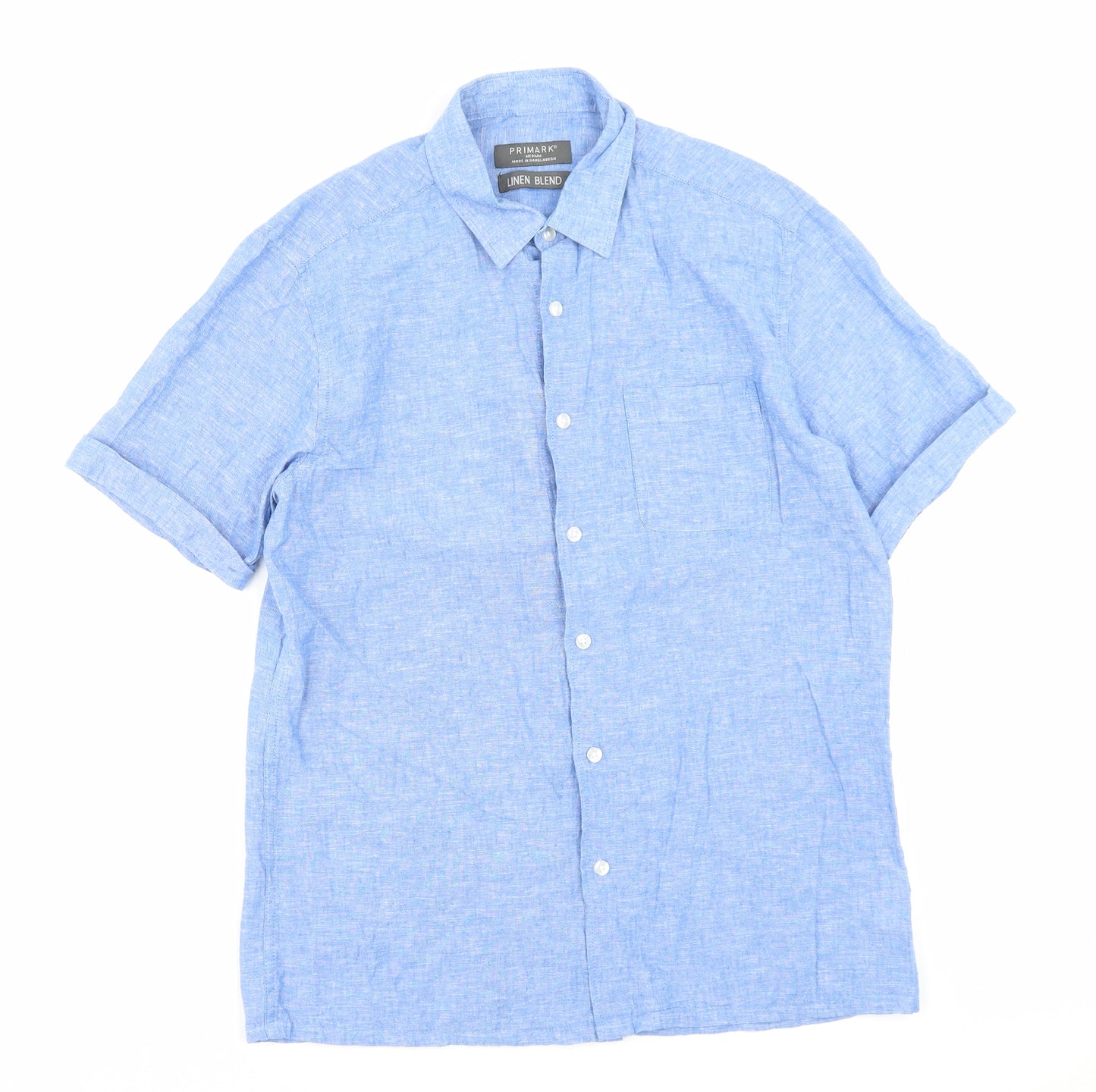 Primark Mens Blue Linen Button-Up Size M Collared Button - Pocket Detail