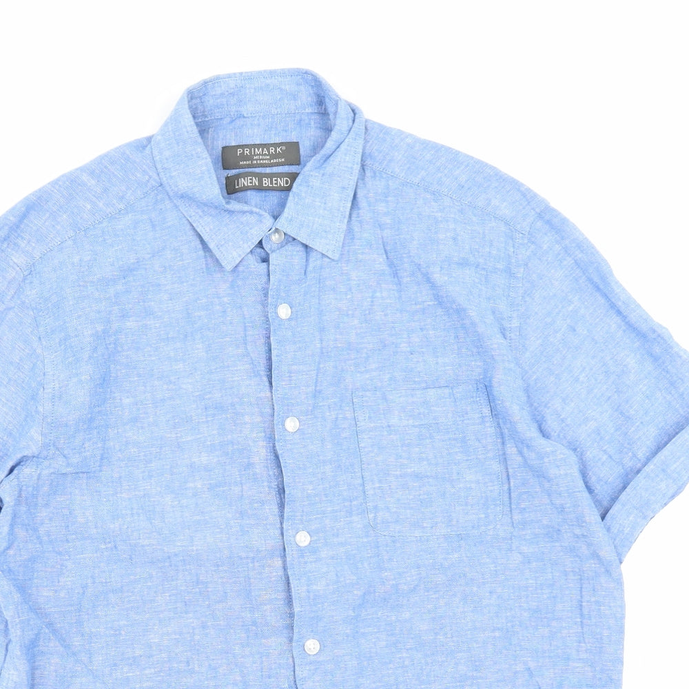 Primark Mens Blue Linen Button-Up Size M Collared Button - Pocket Detail