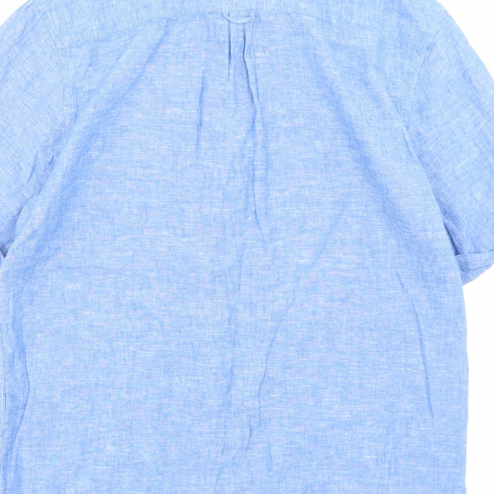 Primark Mens Blue Linen Button-Up Size M Collared Button - Pocket Detail