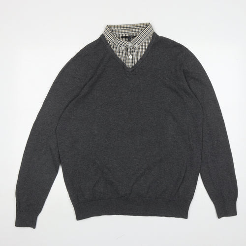 George Mens Grey Collared Cotton Henley Jumper Size L