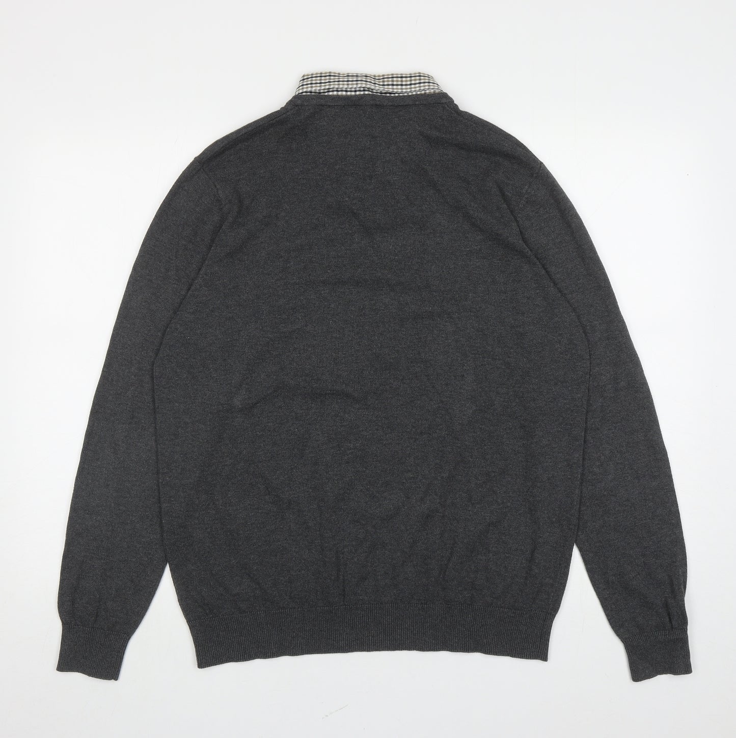 George Mens Grey Collared Cotton Henley Jumper Size L