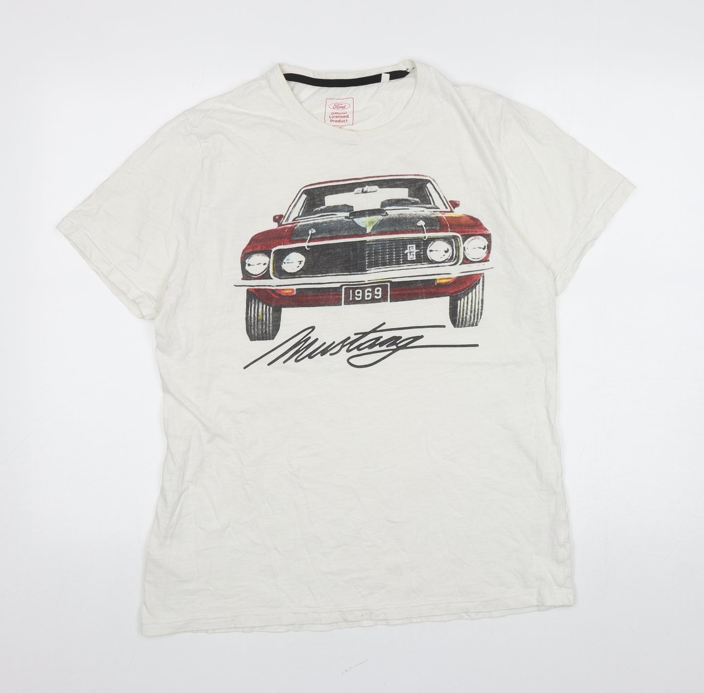 Matalan Mens Ivory Cotton T-Shirt Size L Round Neck - Car