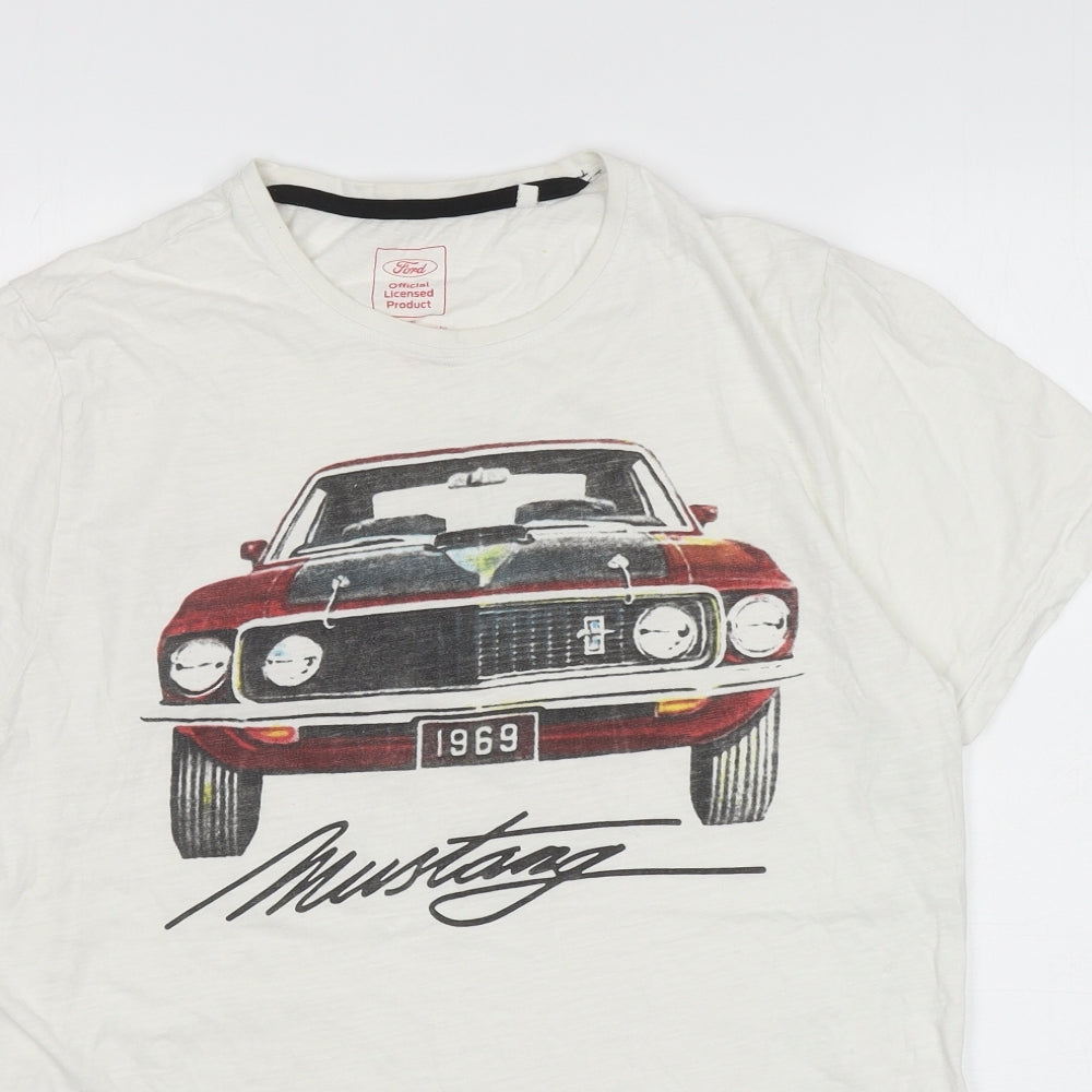 Matalan Mens Ivory Cotton T-Shirt Size L Round Neck - Car