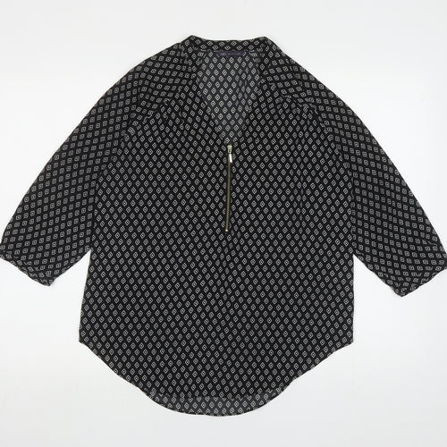 Marks and Spencer Womens Black Geometric Polyester Basic Blouse Size 10 V-Neck