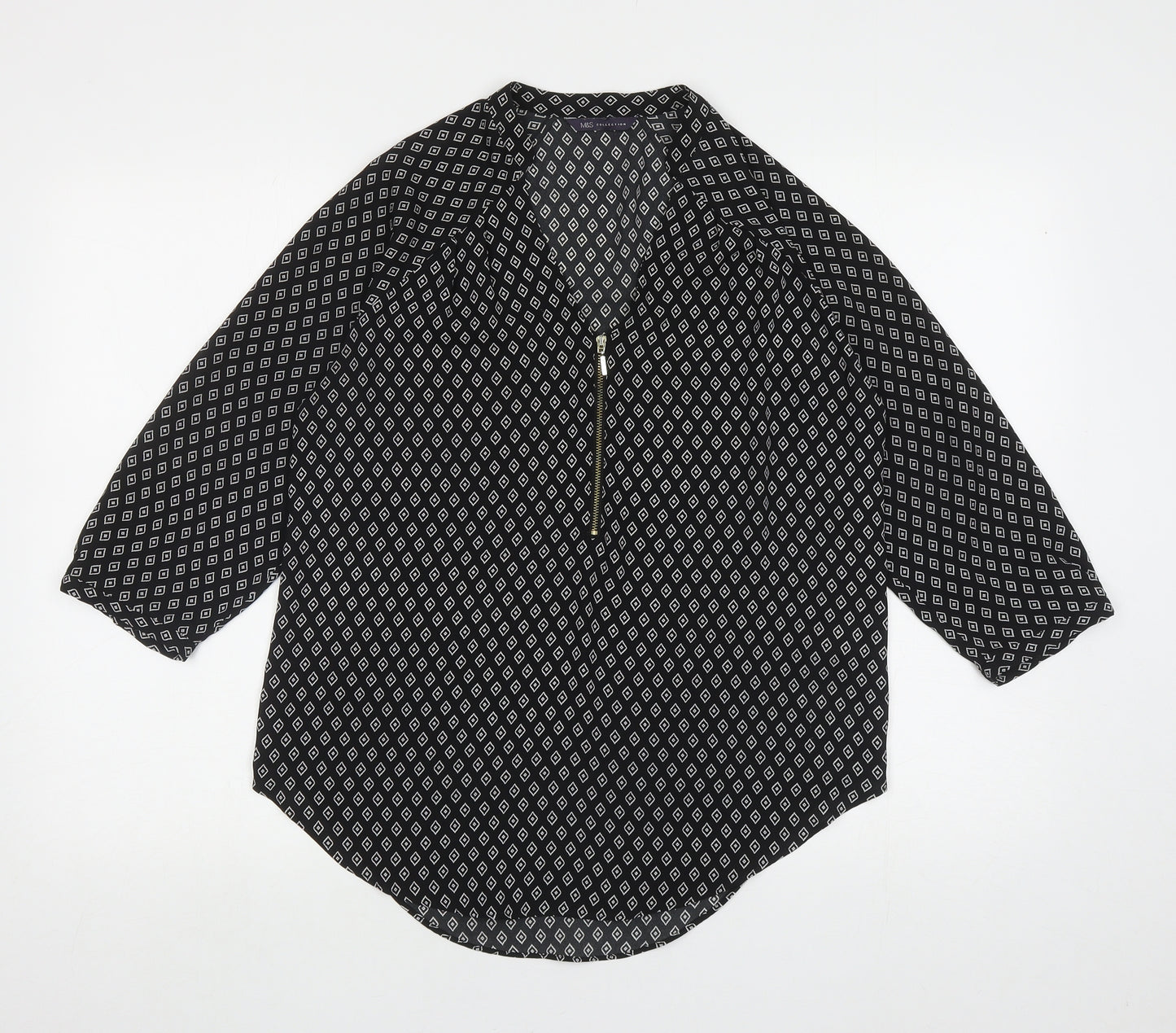 Marks and Spencer Womens Black Geometric Polyester Basic Blouse Size 10 V-Neck