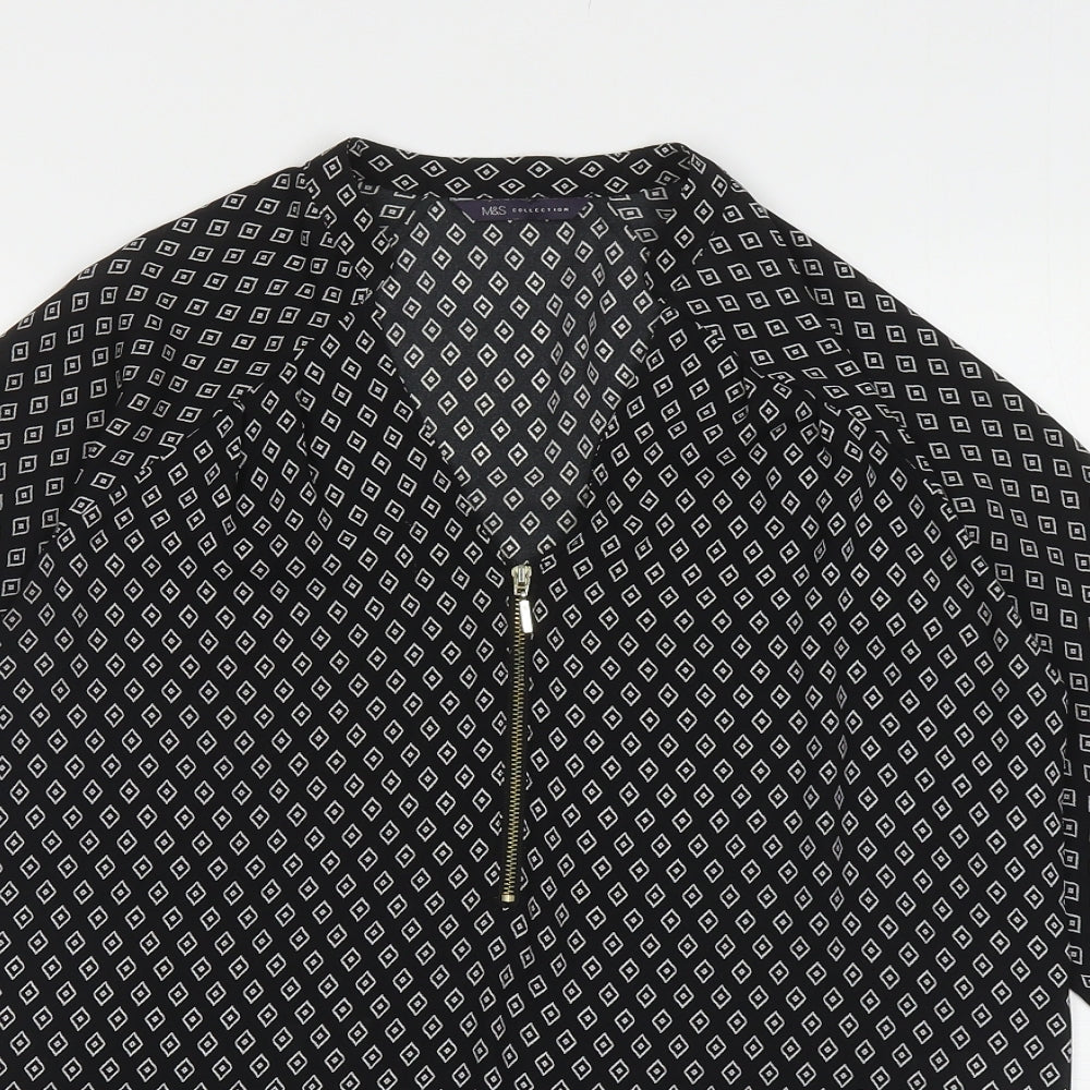 Marks and Spencer Womens Black Geometric Polyester Basic Blouse Size 10 V-Neck