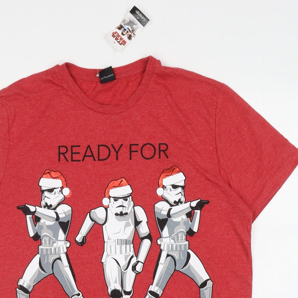 George Mens Red Polyester T-Shirt Size L Round Neck - Star Wars Christmas