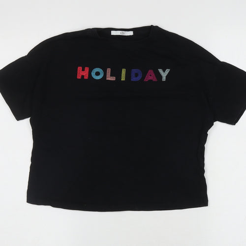 Marks and Spencer Girls Black Cotton Basic T-Shirt Size 9-10 Years Round Neck Pullover - Holiday