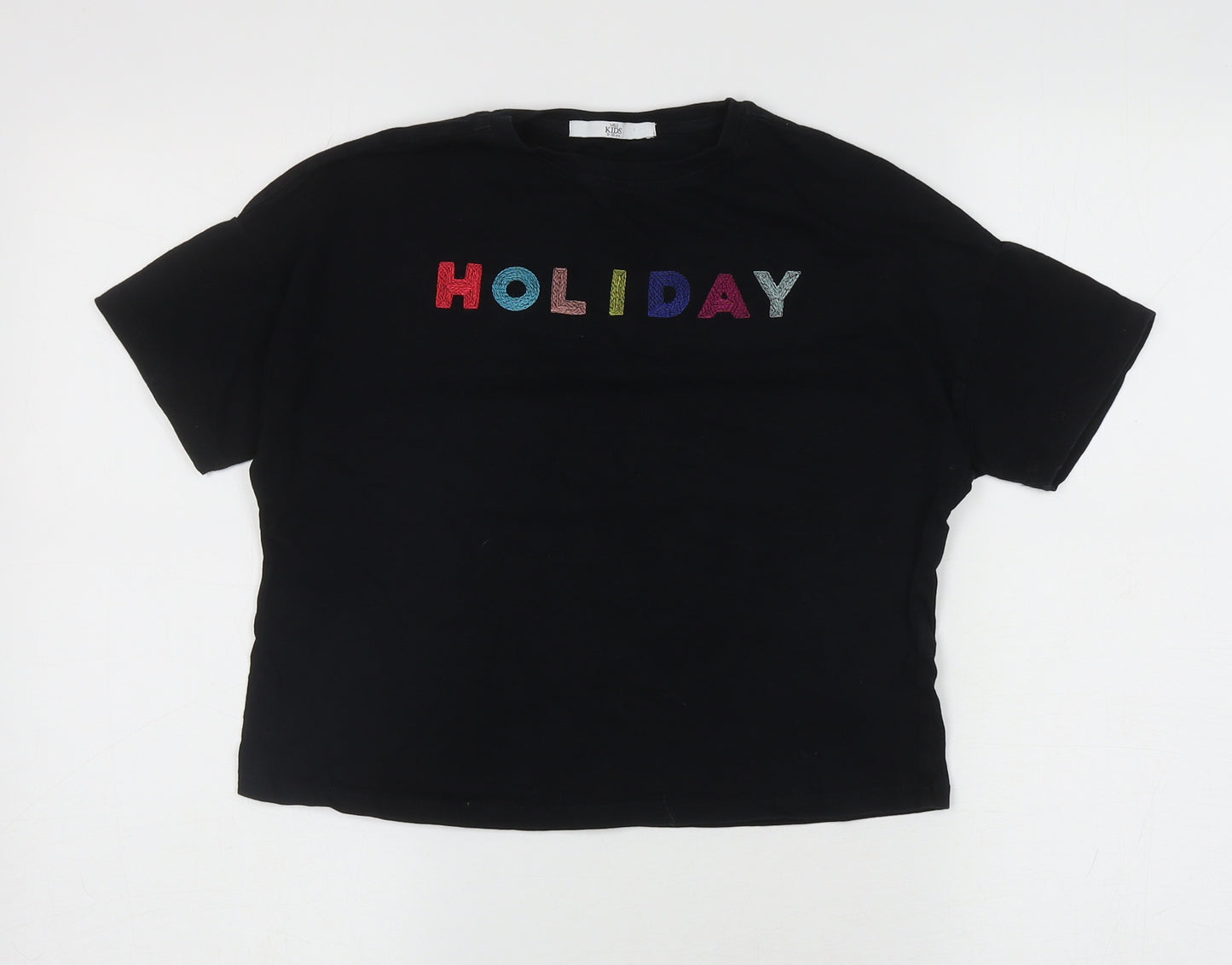 Marks and Spencer Girls Black Cotton Basic T-Shirt Size 9-10 Years Round Neck Pullover - Holiday