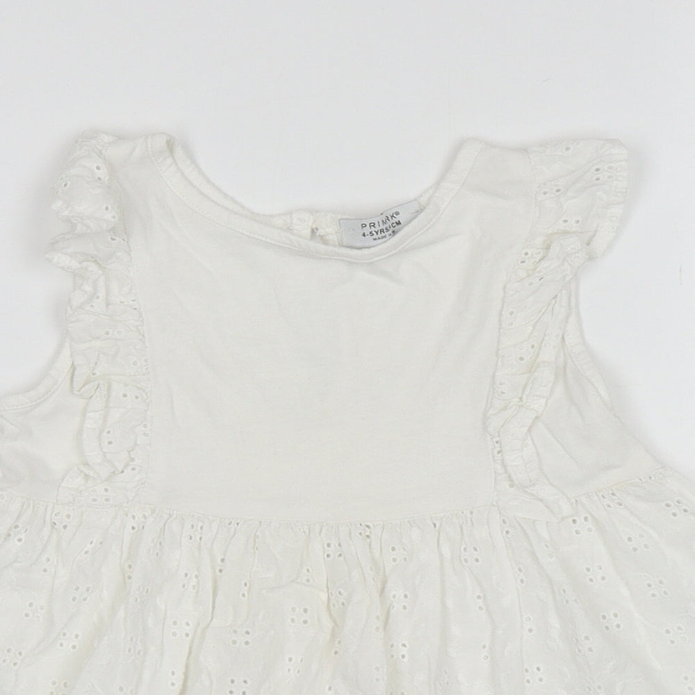 Primark Girls White Cotton Fit & Flare Size 4-5 Years Round Neck Pullover