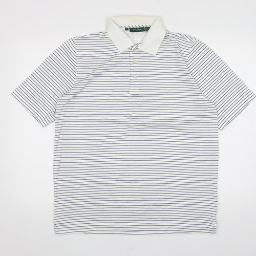 Bobby Jones Mens White Striped Polyester Polo Size M Collared Pullover