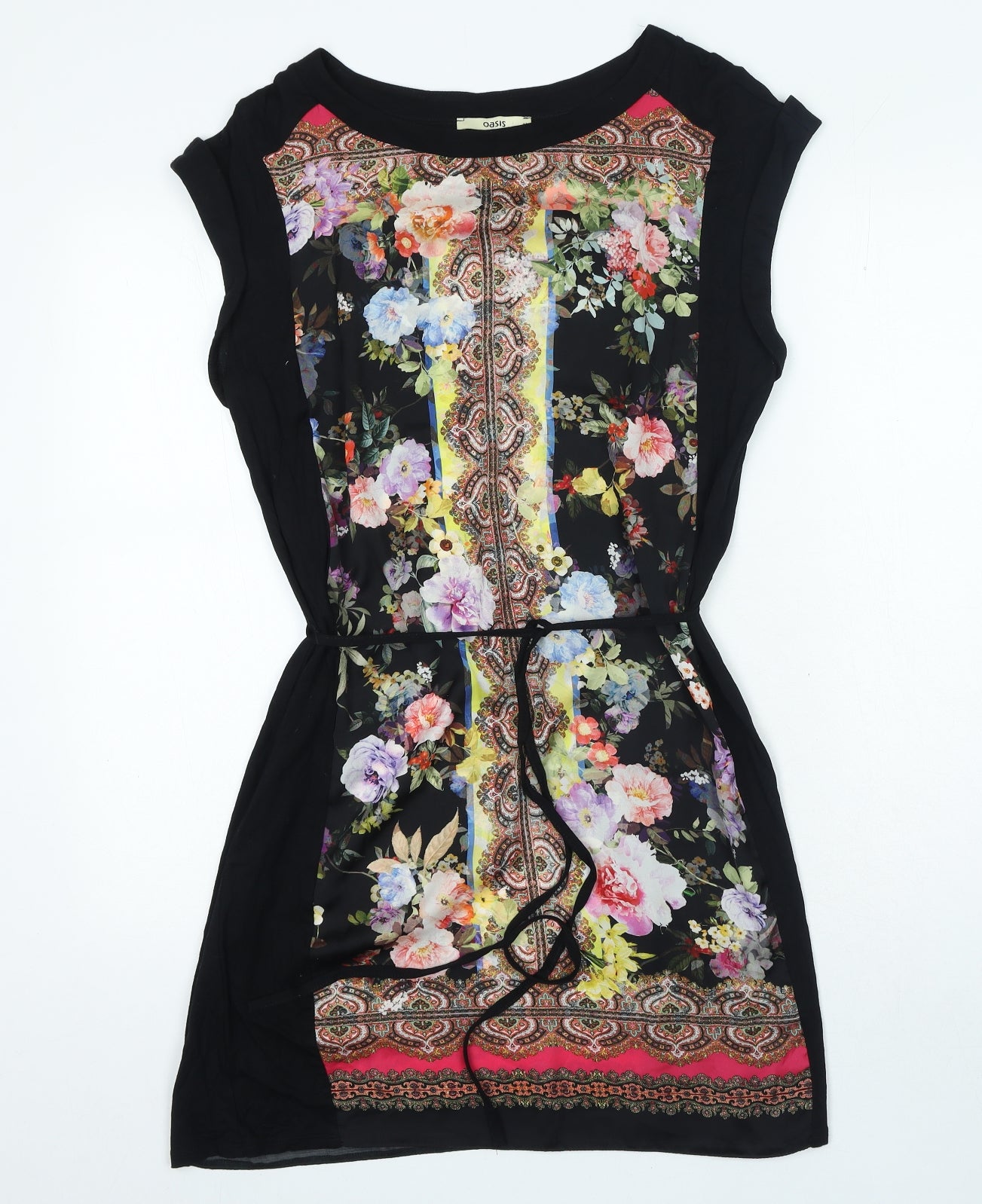 Oasis Womens Multicoloured Geometric Polyester T-Shirt Dress Size M Round Neck Tie