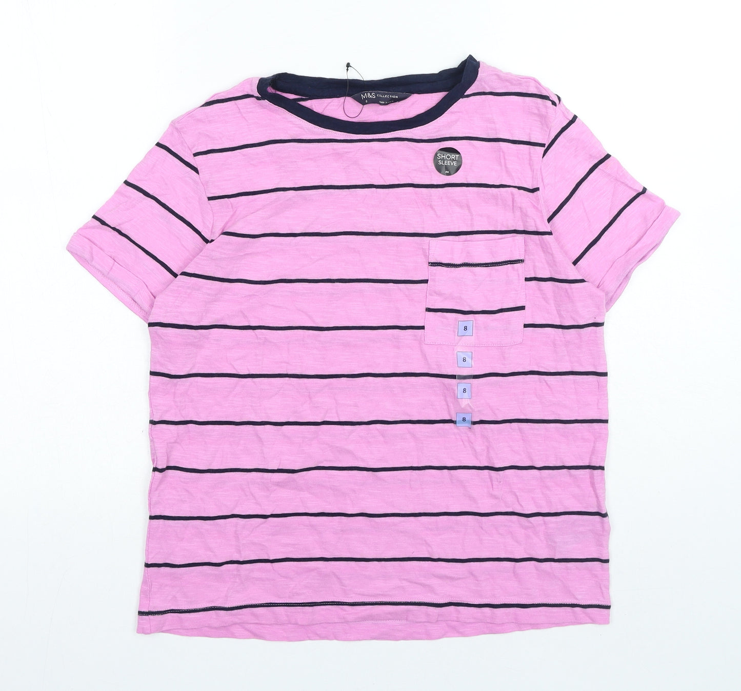 Marks and Spencer Womens Pink Striped 100% Cotton Basic T-Shirt Size 8 Crew Neck