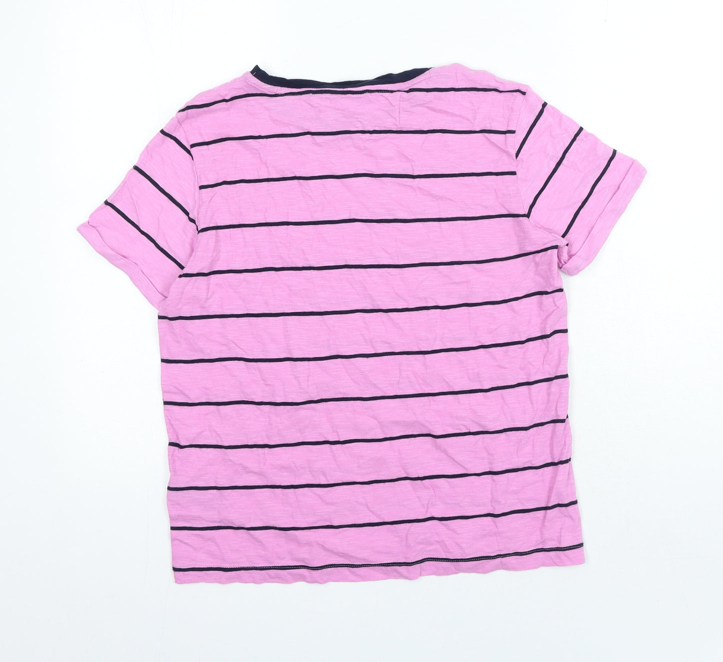 Marks and Spencer Womens Pink Striped 100% Cotton Basic T-Shirt Size 8 Crew Neck