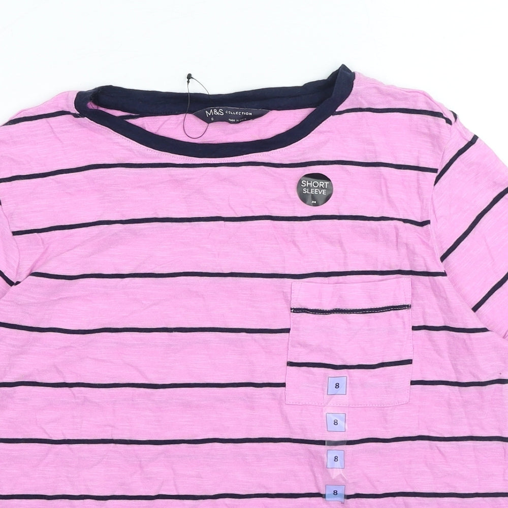 Marks and Spencer Womens Pink Striped 100% Cotton Basic T-Shirt Size 8 Crew Neck