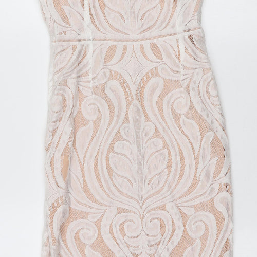 Peace and Love Womens White Floral Polyester Bodycon Size 10 Square Neck Zip