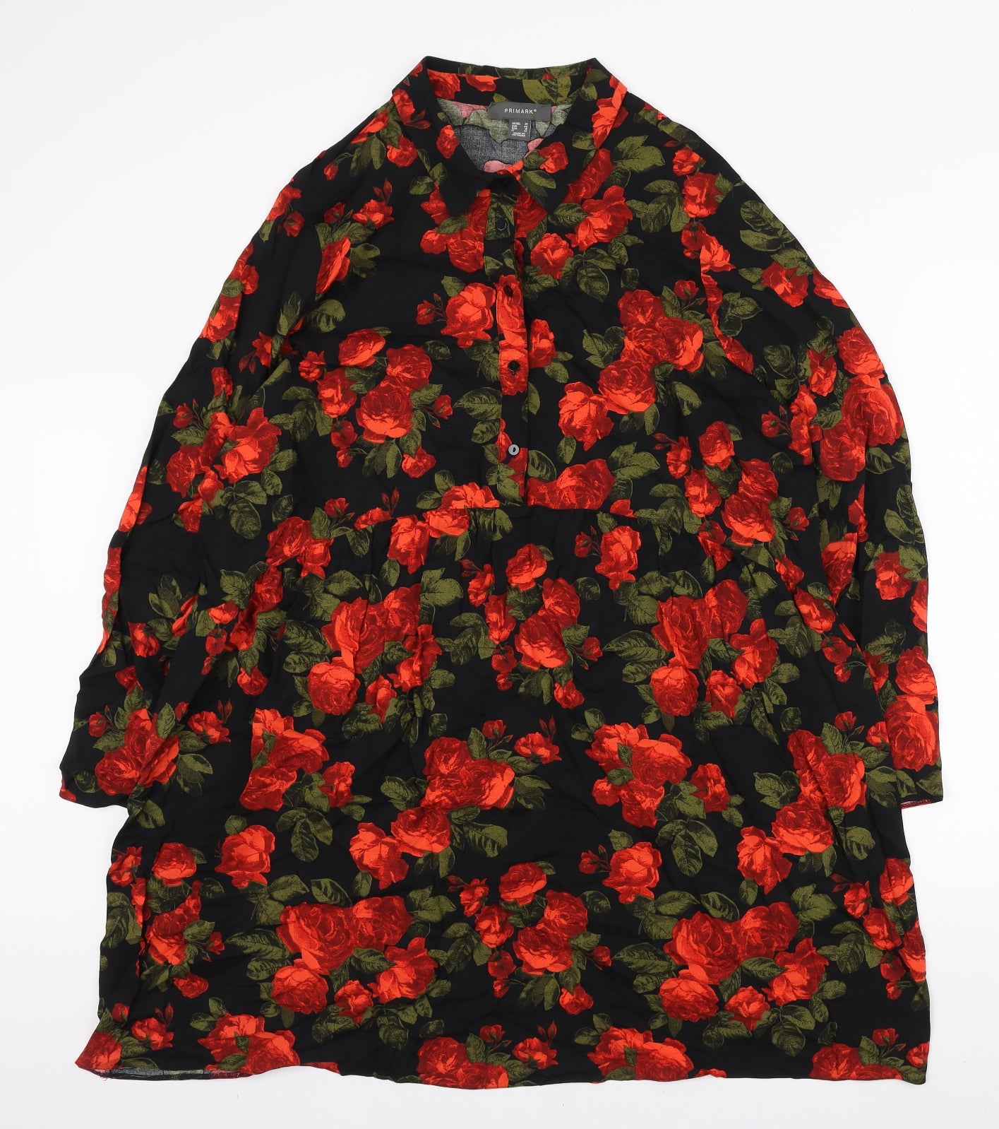 Primark Womens Black Floral Viscose Shirt Dress Size 20 Collared Button