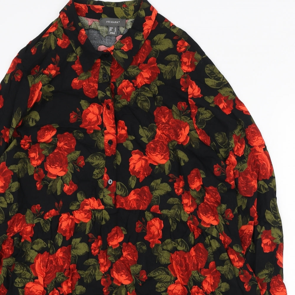 Primark Womens Black Floral Viscose Shirt Dress Size 20 Collared Button